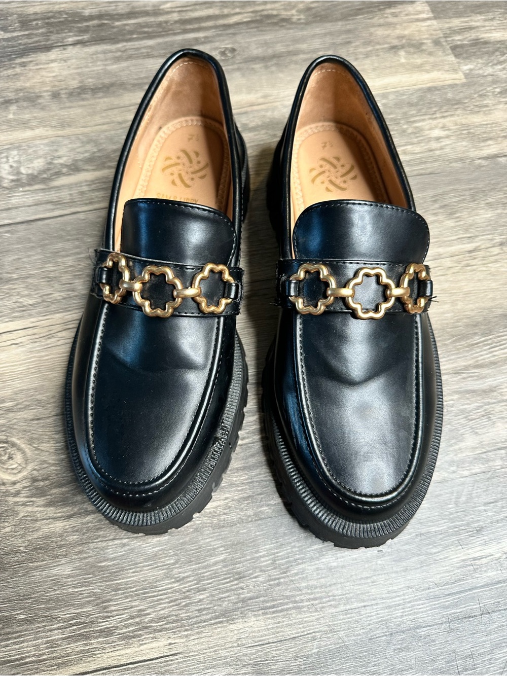 Sail & Liberty Black Chunky Loafers Gold Chain Detail Women’s Size 7.5